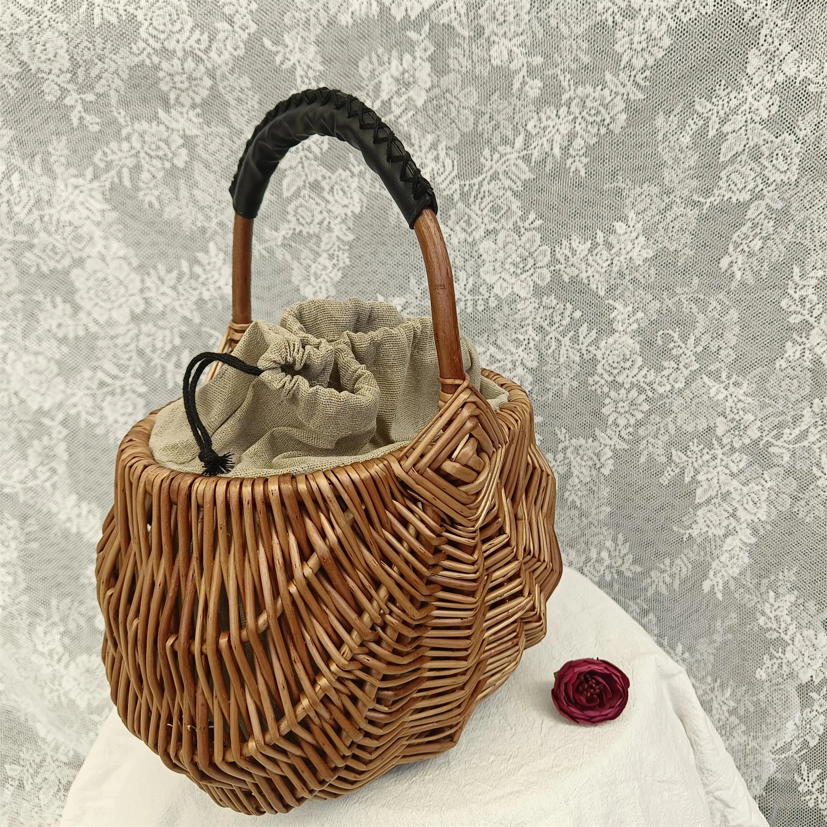 Handcrafted Vintage Willow Wicker Basket Bag Natural Rattan Picnic Tote Purse with Drawstring Liner