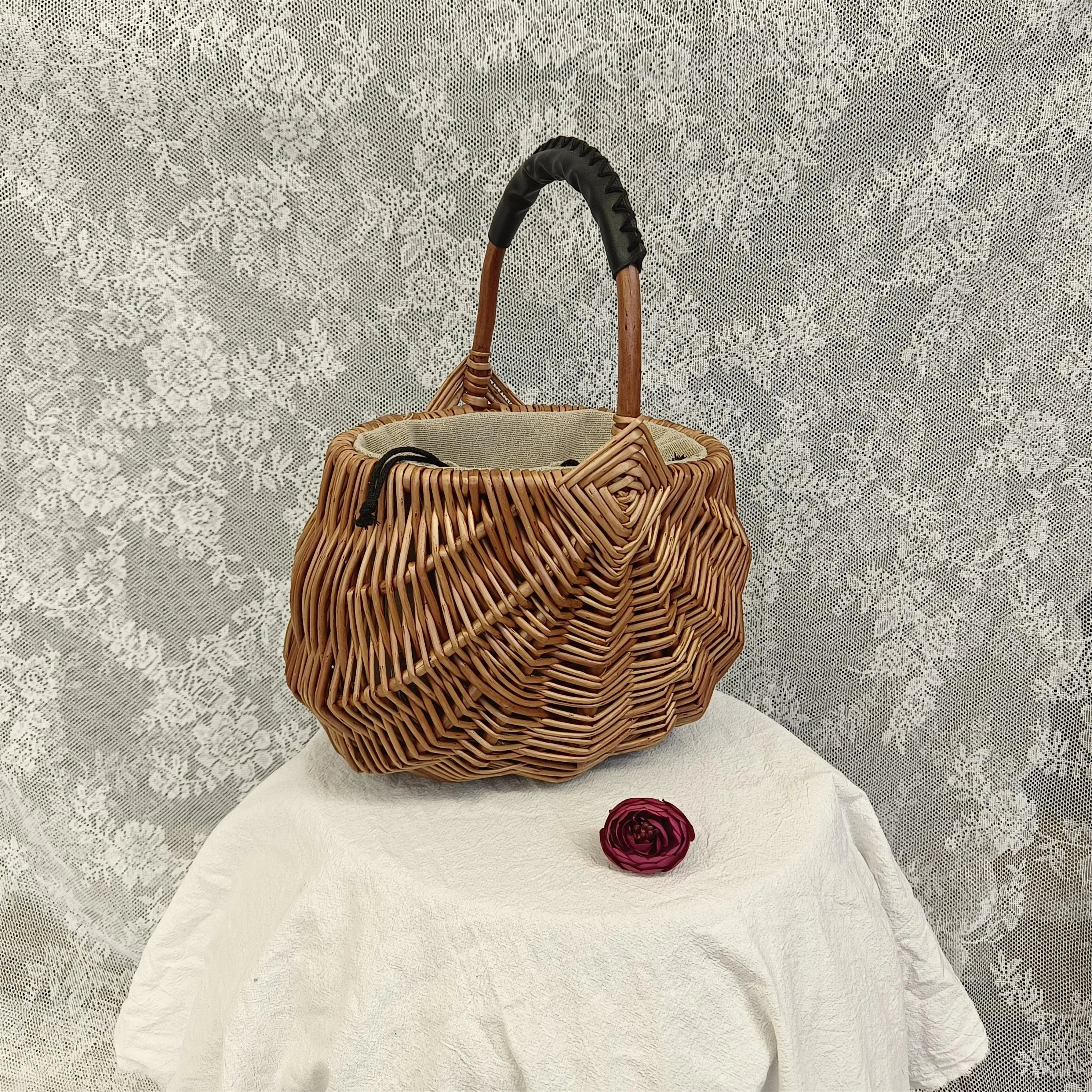 Handcrafted Vintage Willow Wicker Basket Bag Natural Rattan Picnic Tote Purse with Drawstring Liner