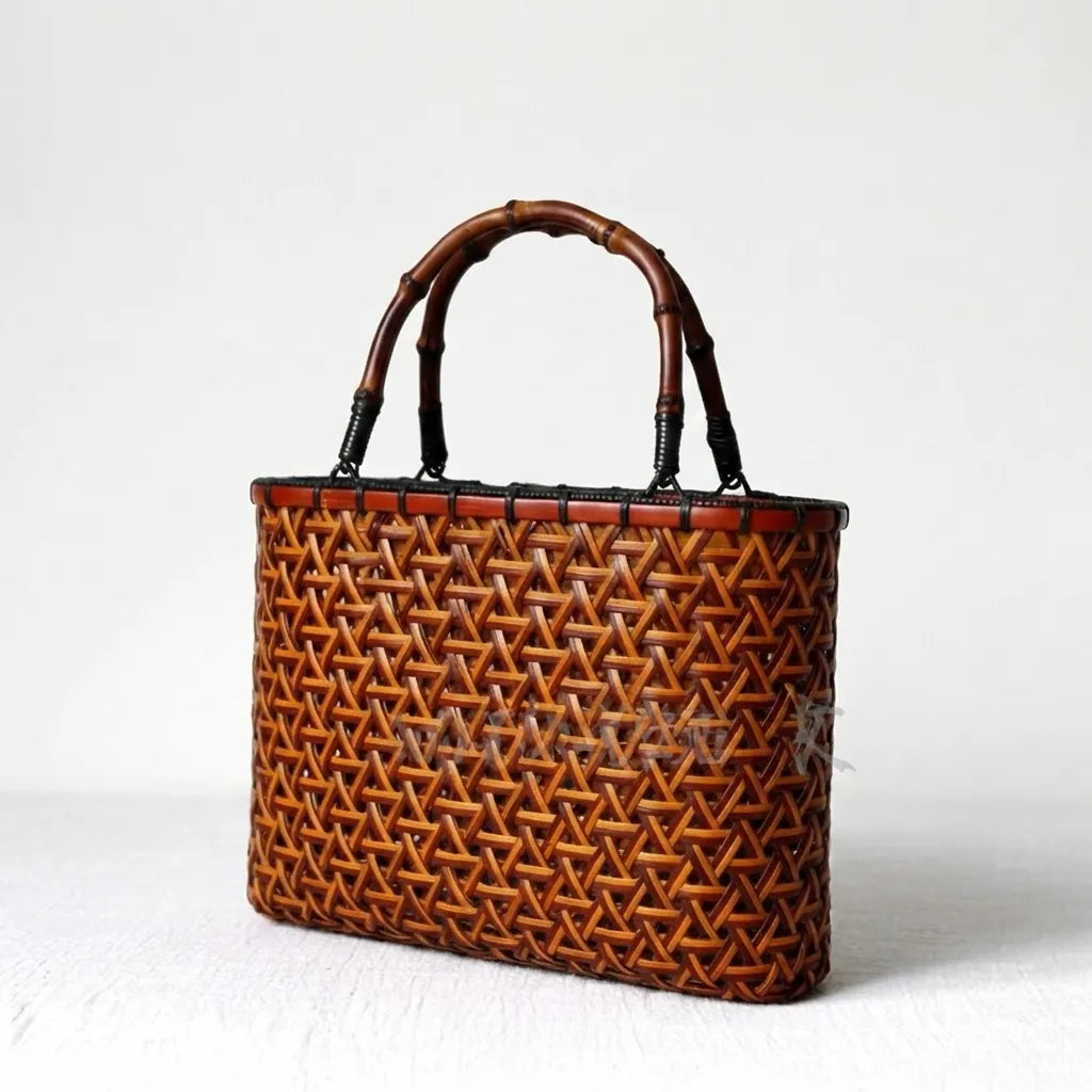 Handcrafted Wabi-Sabi Bamboo Rattan Tote Bag - Artisanal Woven Basket Handbag with Drawstring Liner