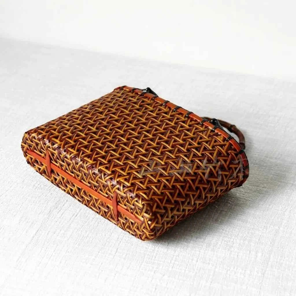 Handcrafted Wabi-Sabi Bamboo & Rattan Tote Bag - Artisanal Woven Basket Handbag with Drawstring Liner
