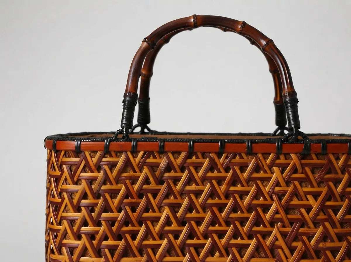 Handcrafted Wabi-Sabi Bamboo Rattan Tote Bag - Artisanal Woven Basket Handbag with Drawstring Liner