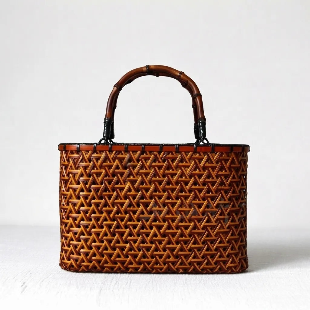 Handcrafted Wabi-Sabi Bamboo Rattan Tote Bag - Artisanal Woven Basket Handbag with Drawstring Liner