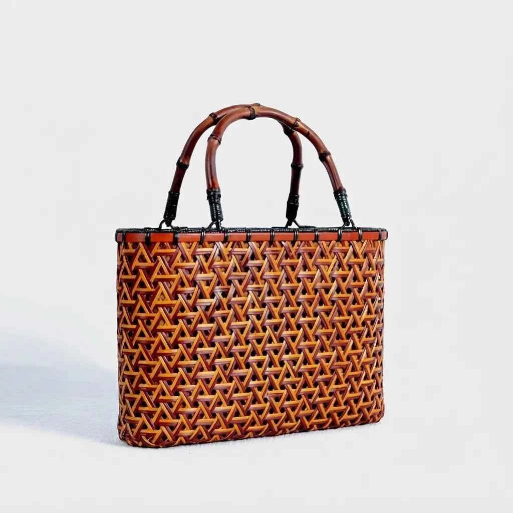 Handcrafted Wabi-Sabi Bamboo & Rattan Tote Bag - Artisanal Woven Basket Handbag with Drawstring Liner
