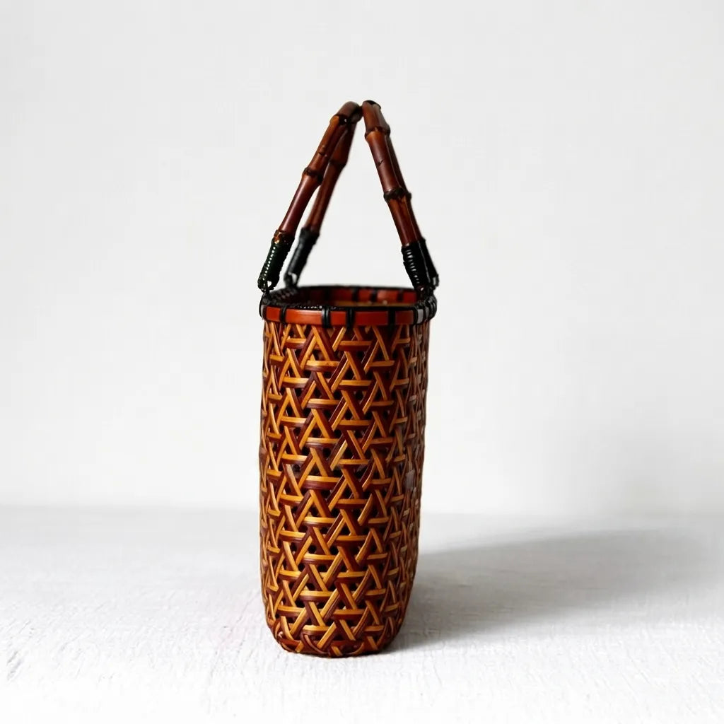 Handcrafted Wabi-Sabi Bamboo Rattan Tote Bag - Artisanal Woven Basket Handbag with Drawstring Liner