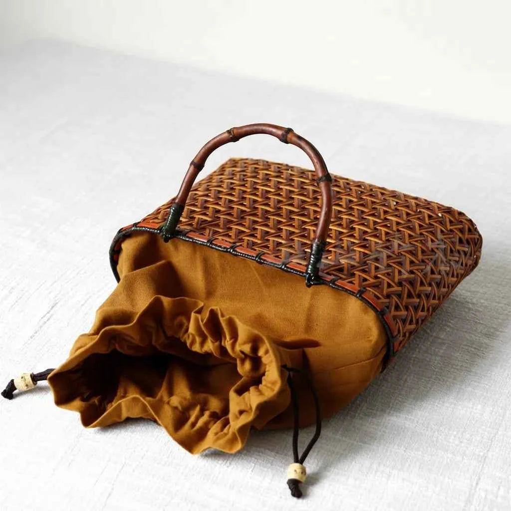 Handcrafted Wabi-Sabi Bamboo & Rattan Tote Bag - Artisanal Woven Basket Handbag with Drawstring Liner