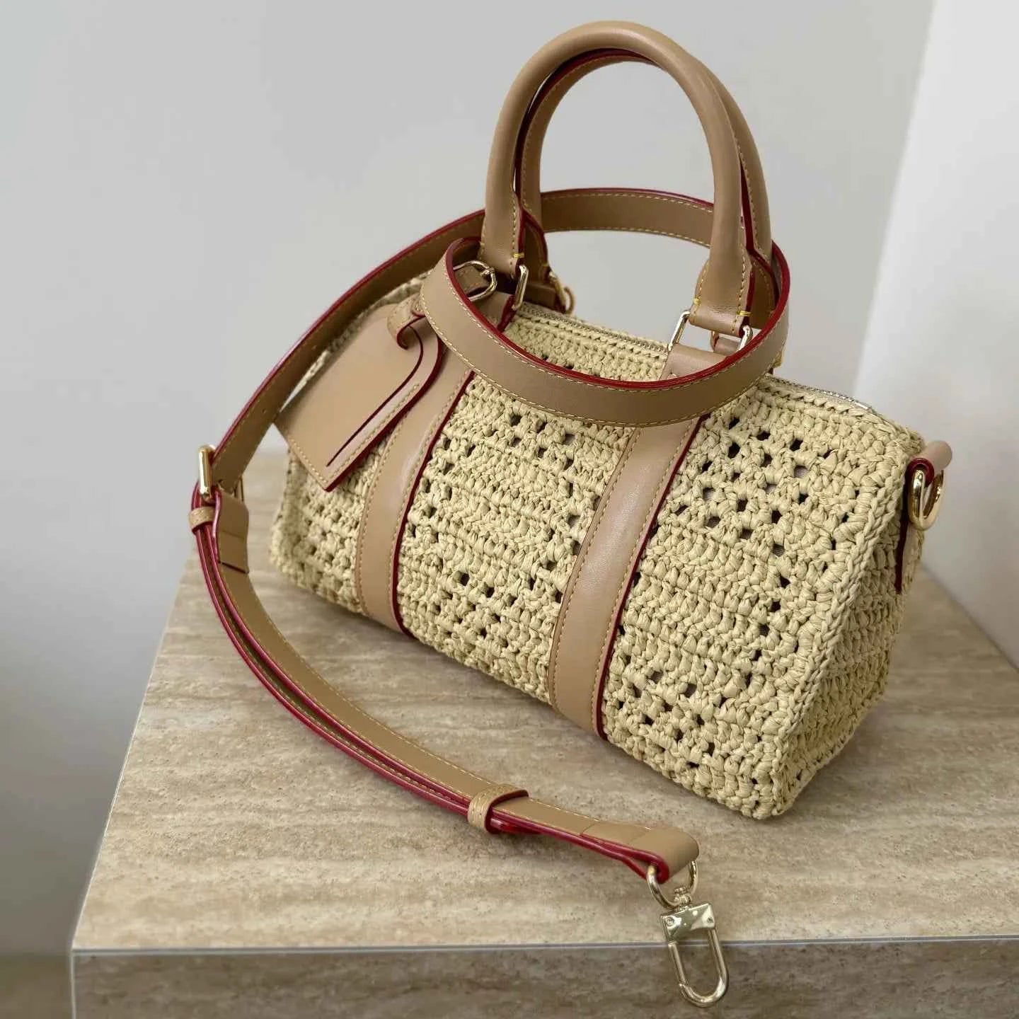 Handwoven Raffia Boston Bag with Premium Genuine Leather - Luxury Straw Satchel & Crossbody Purse
