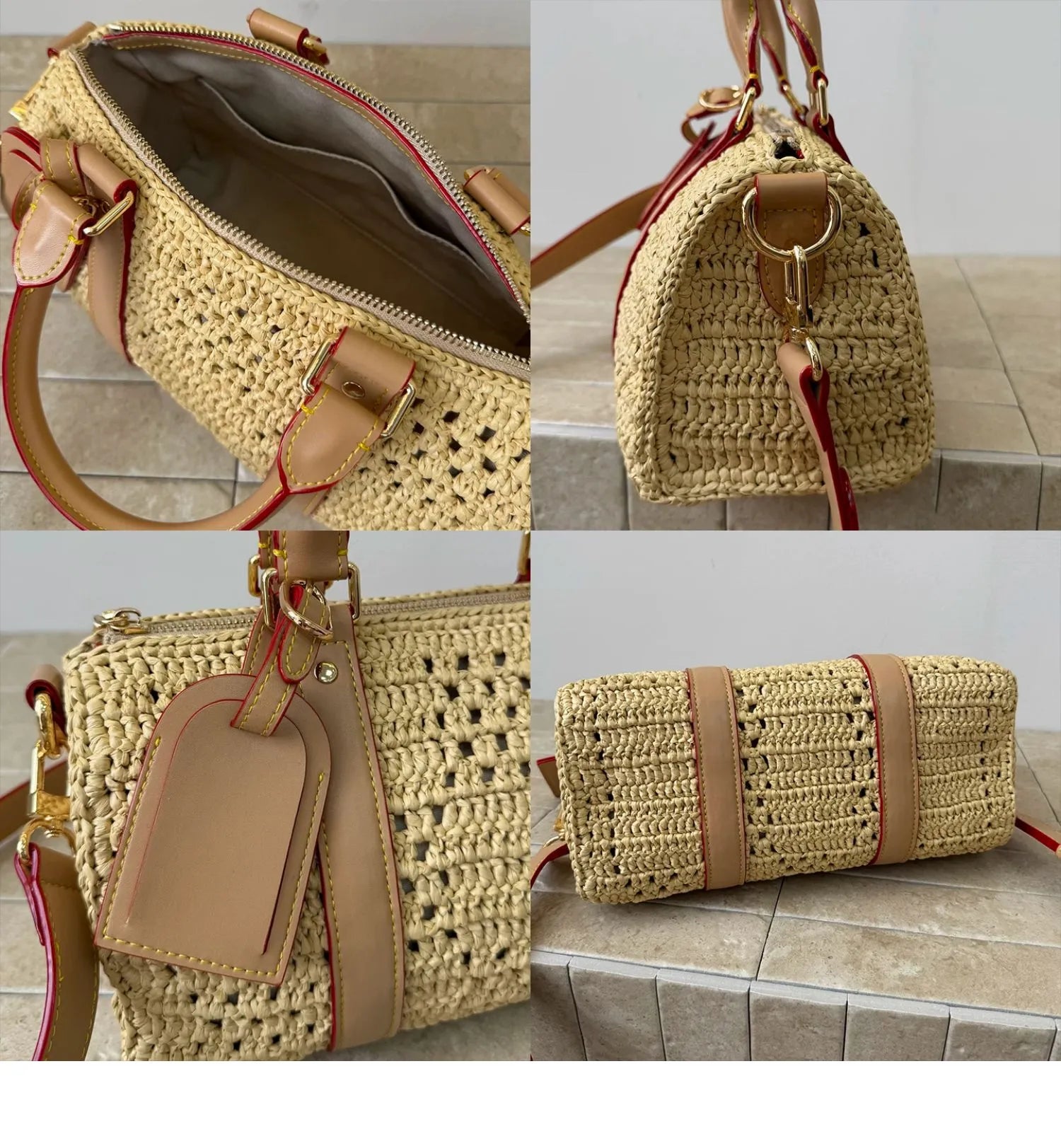 Handwoven Raffia Boston Bag with Premium Genuine Leather - Luxury Straw Satchel & Crossbody Purse