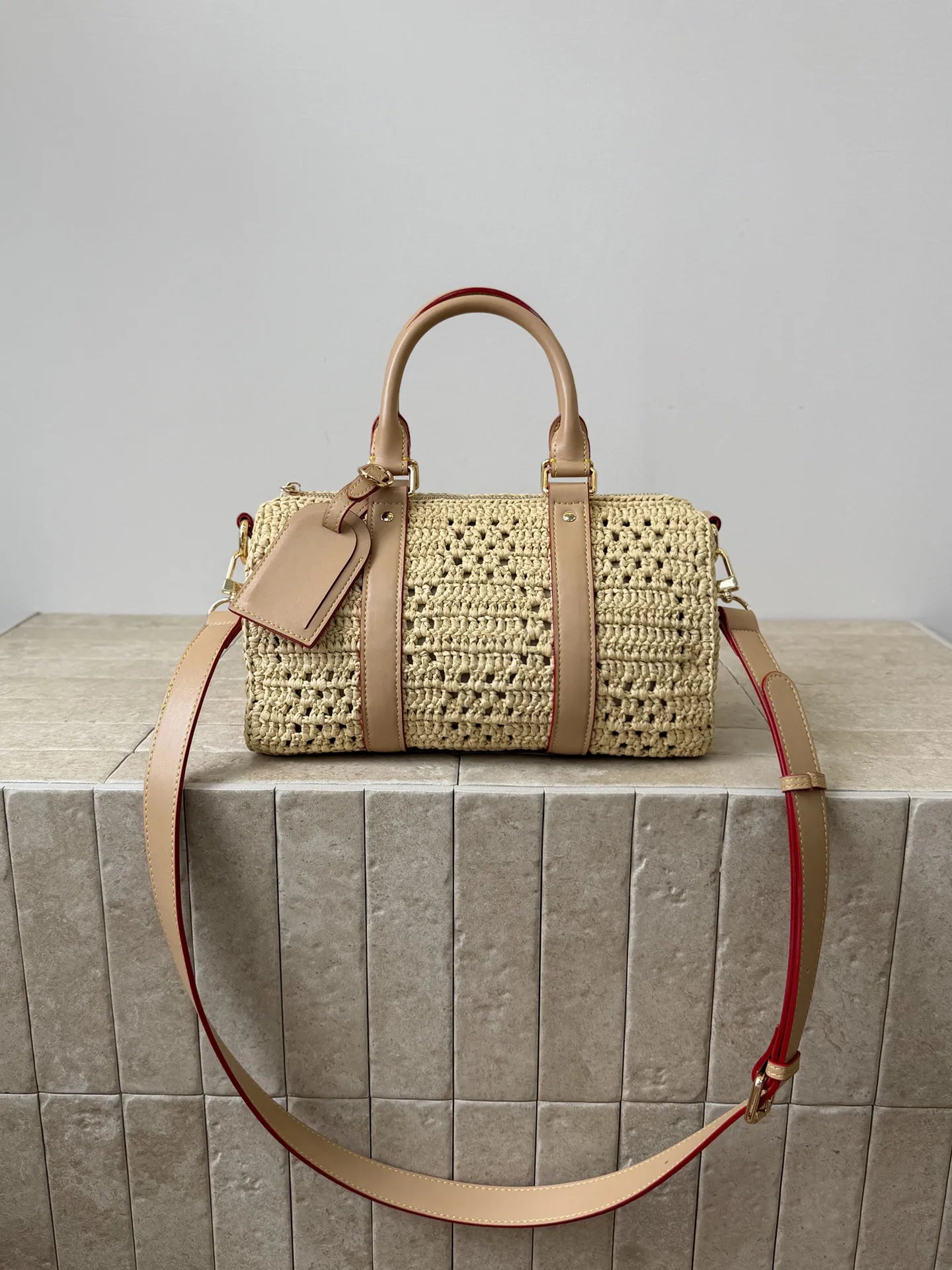 Handwoven Raffia Boston Bag with Premium Genuine Leather - Luxury Straw Satchel & Crossbody Purse
