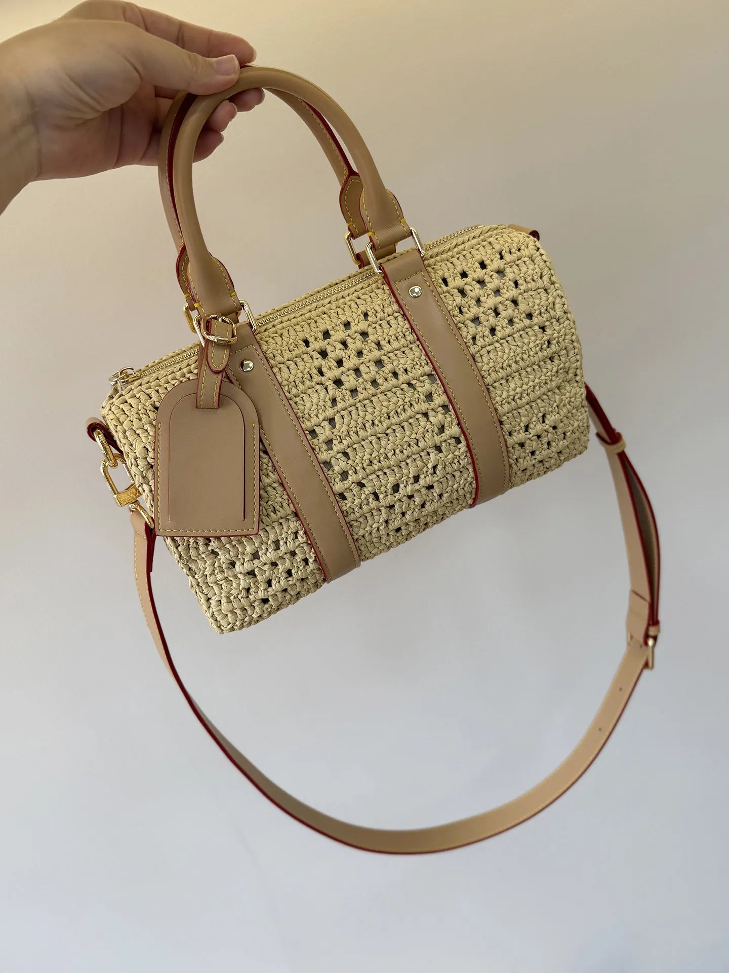Handwoven Raffia Boston Bag with Premium Genuine Leather - Luxury Straw Satchel & Crossbody Purse