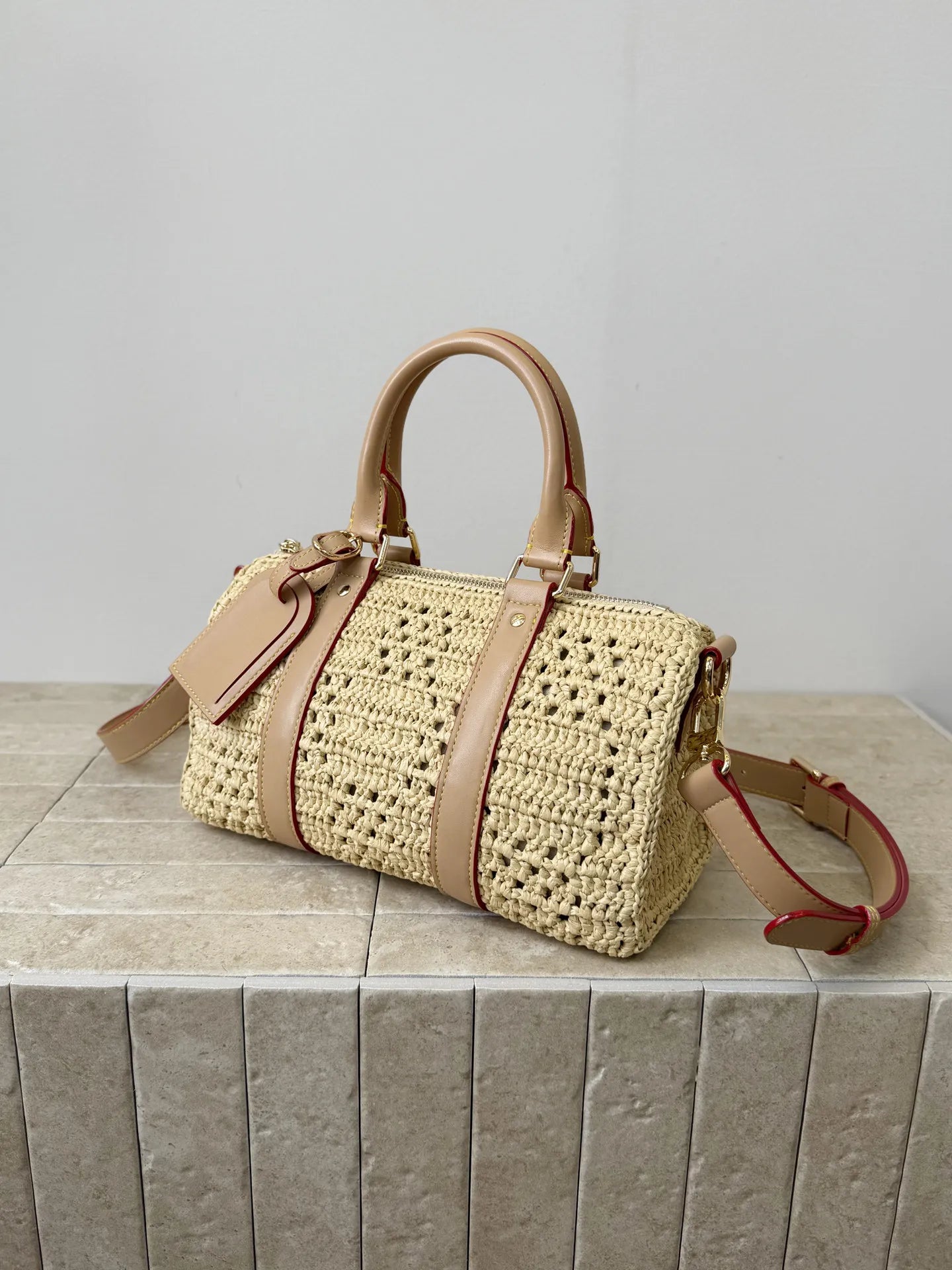 Handwoven Raffia Boston Bag with Premium Genuine Leather - Luxury Straw Satchel & Crossbody Purse