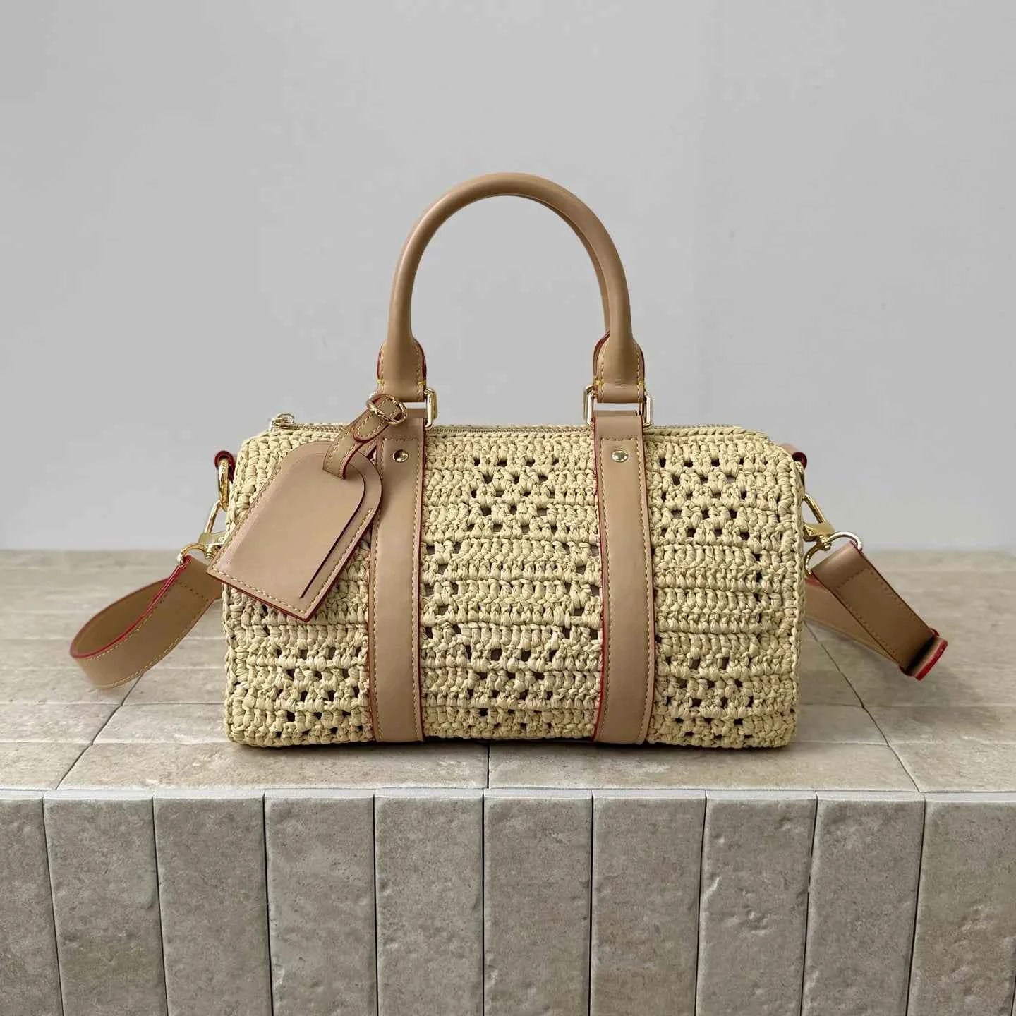 Handwoven Raffia Boston Bag with Premium Genuine Leather - Luxury Straw Satchel & Crossbody Purse