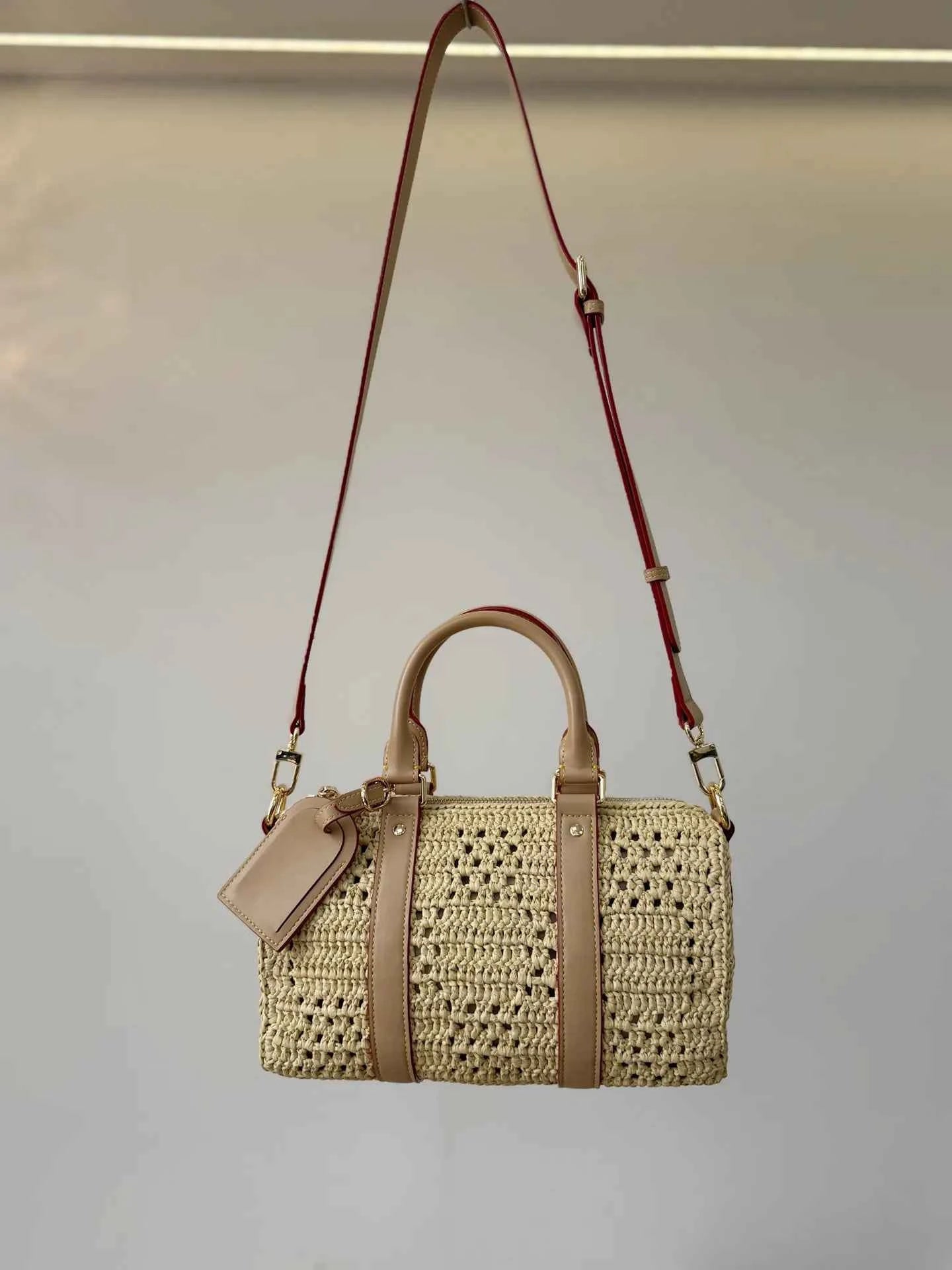 Handwoven Raffia Boston Bag with Premium Genuine Leather - Luxury Straw Satchel & Crossbody Purse