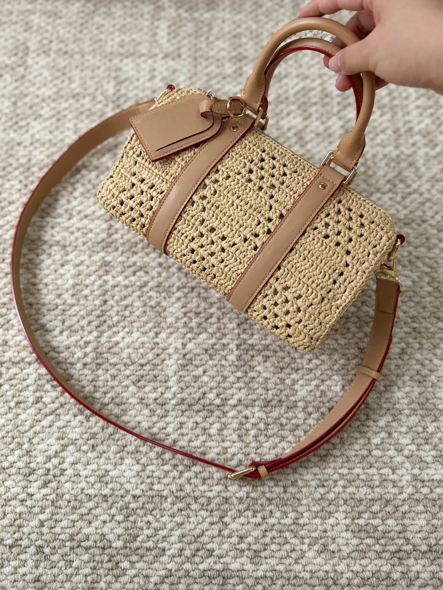 Handwoven Raffia Boston Bag with Premium Genuine Leather - Luxury Straw Satchel & Crossbody Purse