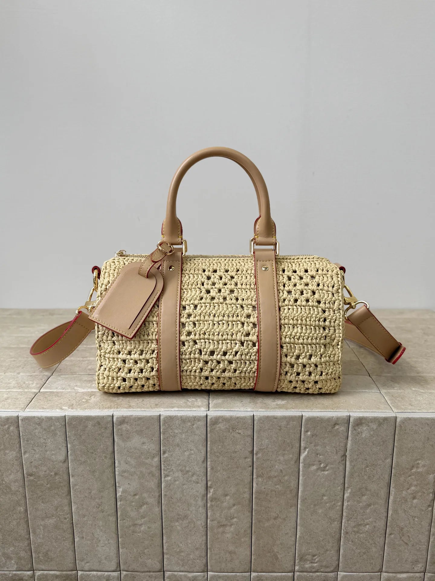 Handwoven Raffia Boston Bag with Premium Genuine Leather - Luxury Straw Satchel & Crossbody Purse