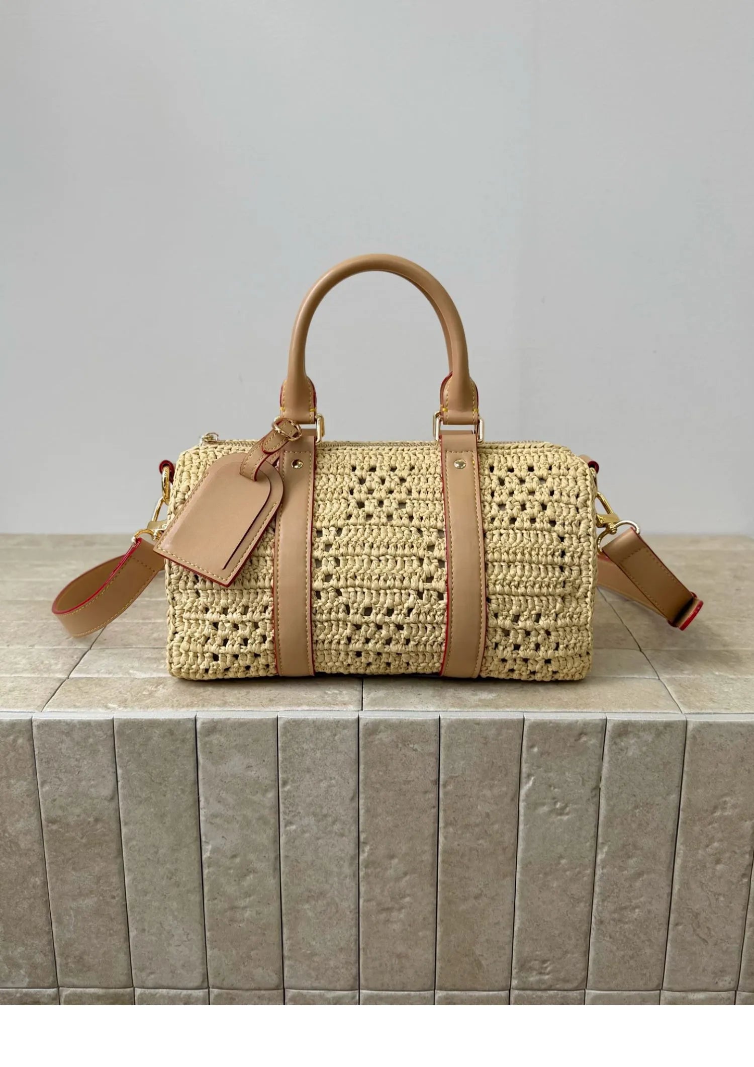 Handwoven Raffia Boston Bag with Premium Genuine Leather - Luxury Straw Satchel & Crossbody Purse