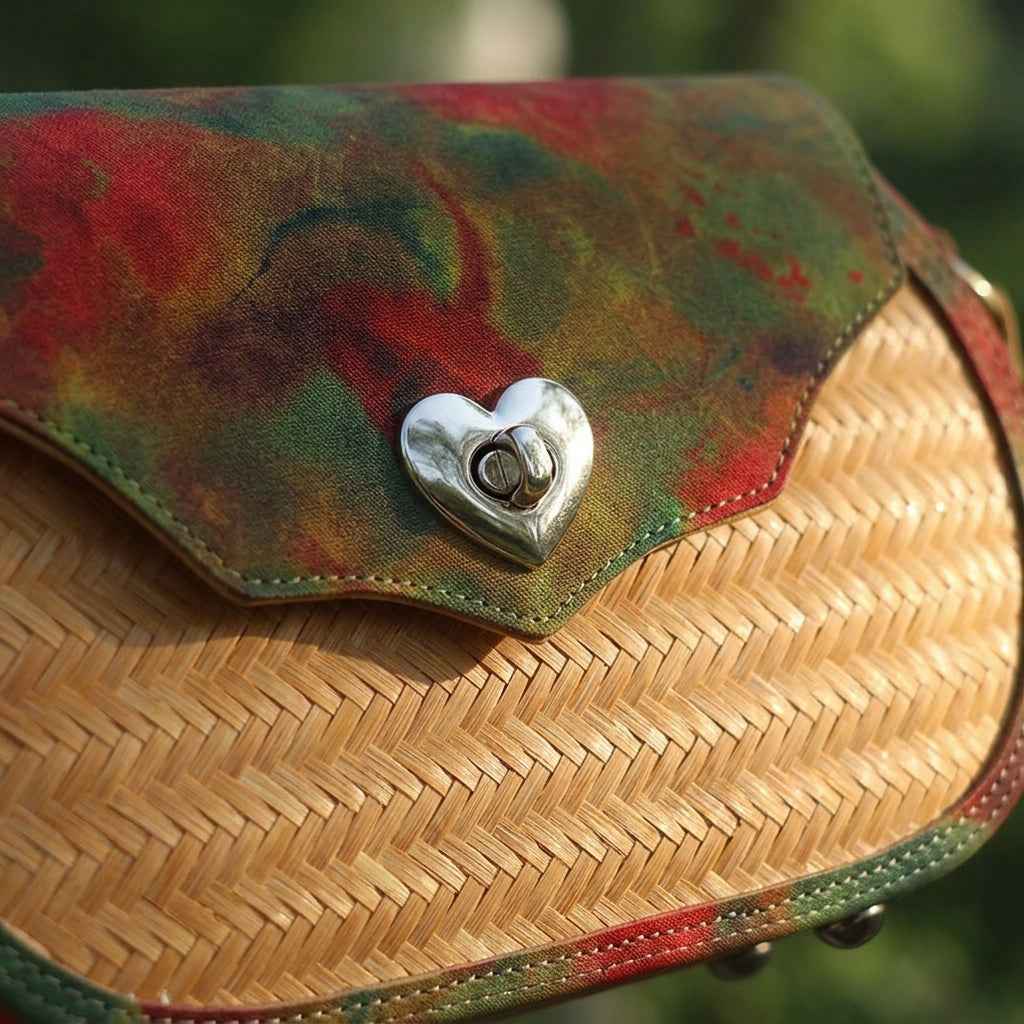 Oval Bamboo Crossbody Bag with Tie-Dye Flap & Heart Lock