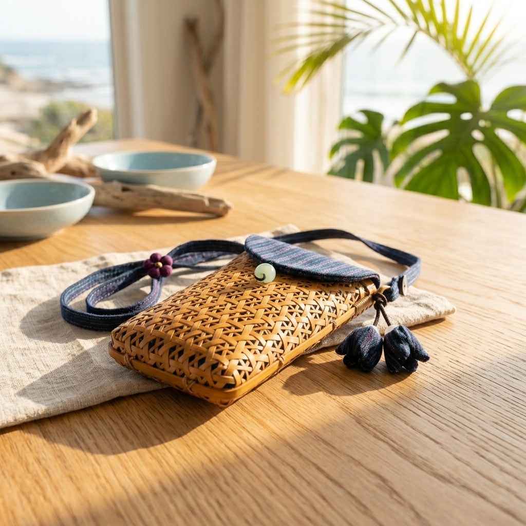 Handwoven Bamboo Crossbody Phone Bag with Vintage Fabric Flap & Jade Detail