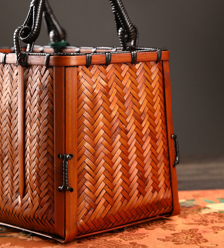 Eco-Weave Artisan Handbag Natural Bamboo Tote with Green Tassel