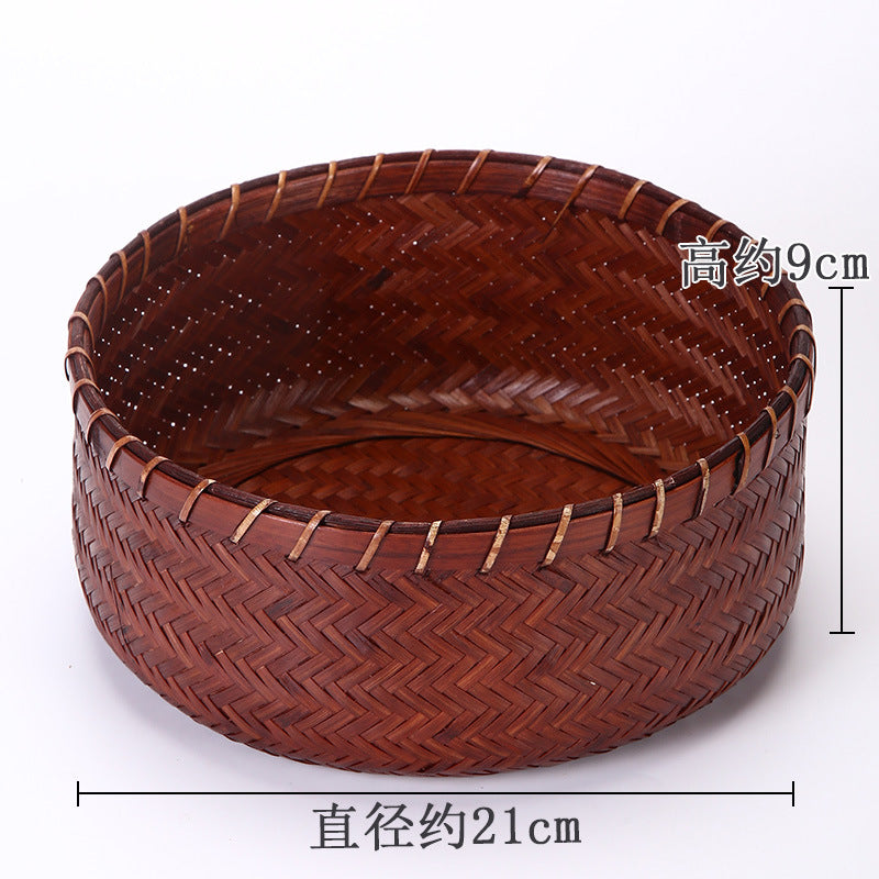 Vintage Round Bamboo Woven Serving Tray Fruit Basket Set