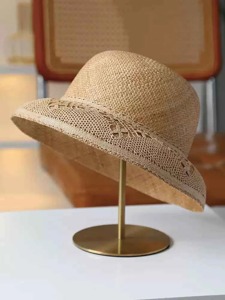 Handwoven Straw Cloche Hat with Crochet Lace Brim  Vintage Audrey Hepburn Sun Hat