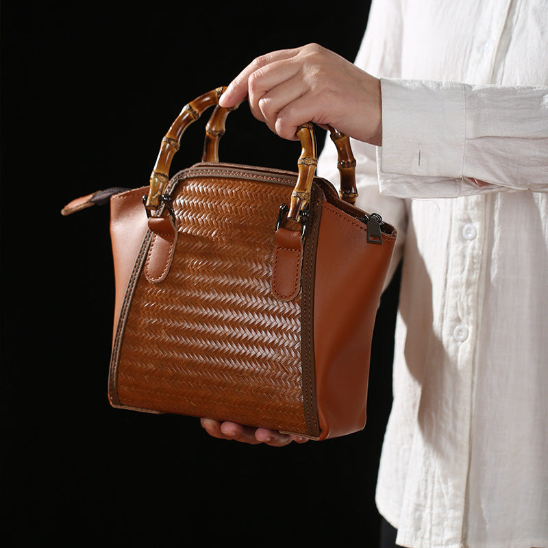 Vintage Bamboo Handwoven Leather Top-Handle Bag