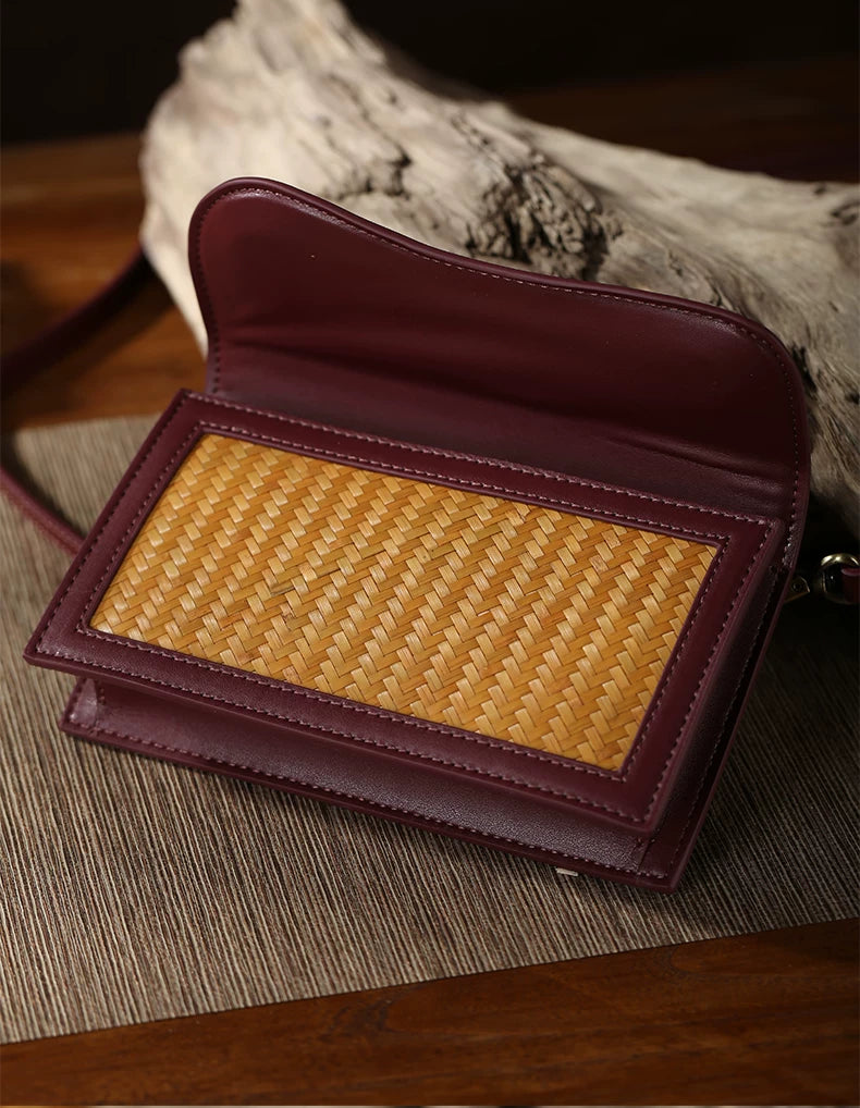 Burgundy Cowhide & Bamboo Woven Phone Crossbody Bag