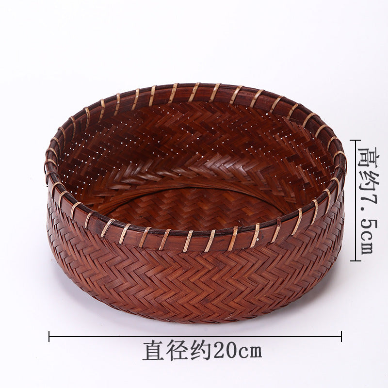 Vintage Round Bamboo Woven Serving Tray Fruit Basket Set