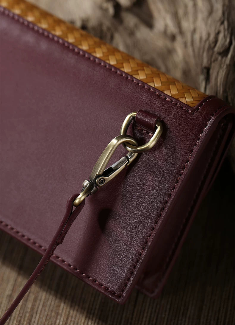 Burgundy Cowhide & Bamboo Woven Phone Crossbody Bag