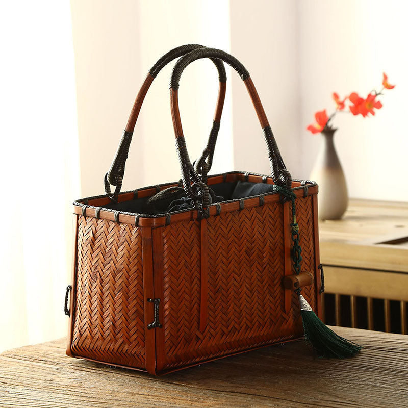 Eco-Weave Artisan Handbag Natural Bamboo Tote with Green Tassel