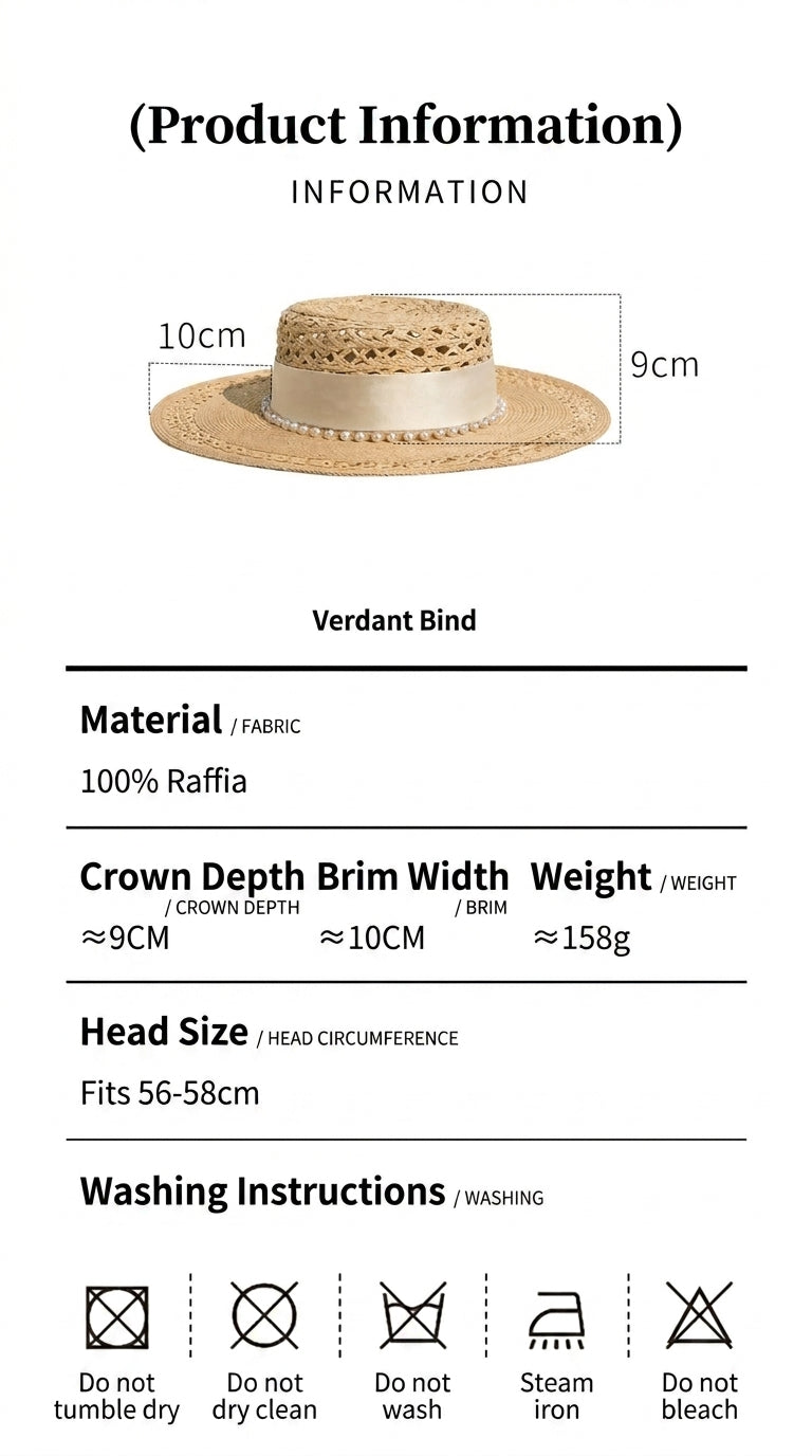 Product information for a straw hat with dimensions and material details.