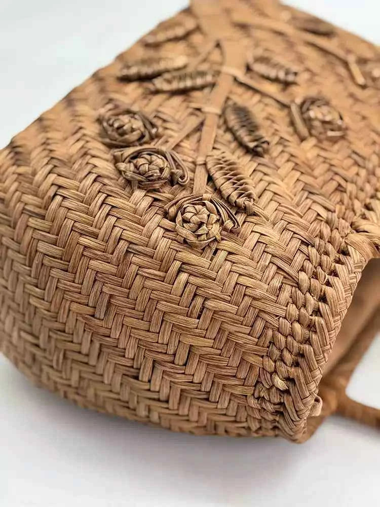 Handcrafted Artisanal Yamabudo Woven Basket Bag - Wild Grapevine 3D Floral Carving Vine Relief Tote