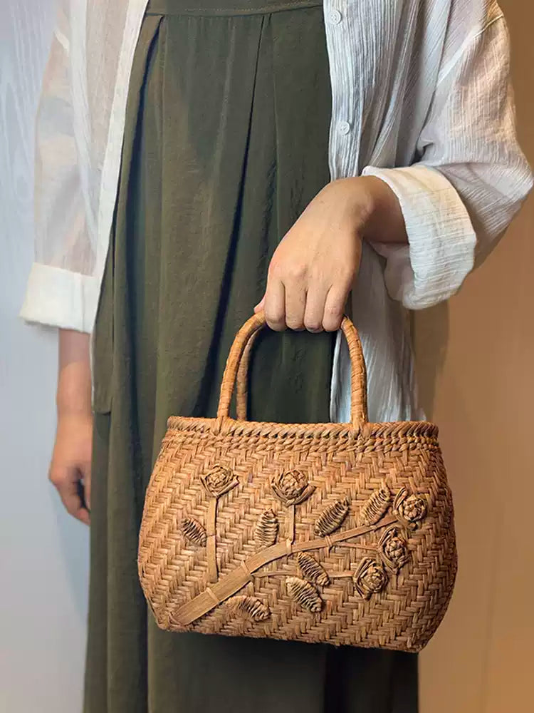 Handcrafted Artisanal Yamabudo Woven Basket Bag - Wild Grapevine 3D Floral Carving Vine Relief Tote - Verdant Bind