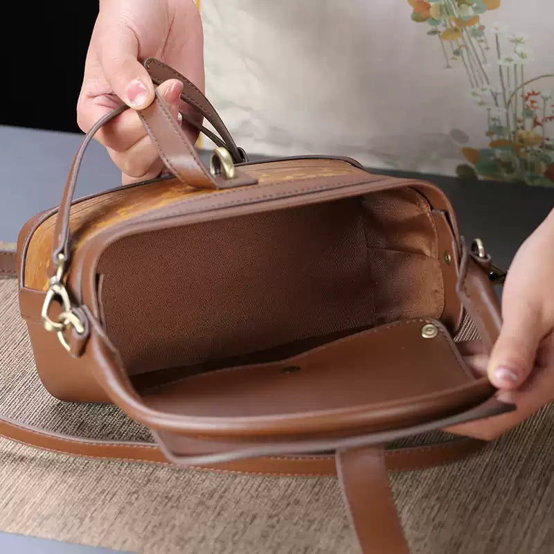 Handcrafted Mottled Bamboo and Genuine Leather Crossbody Bag Vintage Square Box Tote for Women - Verdant Bind