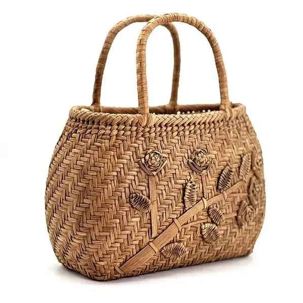 Handcrafted Artisanal Yamabudo Woven Basket Bag - Wild Grapevine 3D Floral Carving Vine Relief Tote