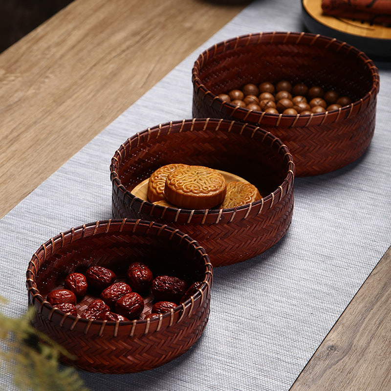 Vintage Round Bamboo Woven Serving Tray Fruit Basket Set
