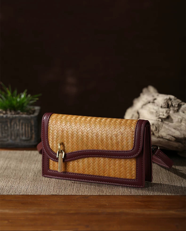 Burgundy Cowhide & Bamboo Woven Phone Crossbody Bag