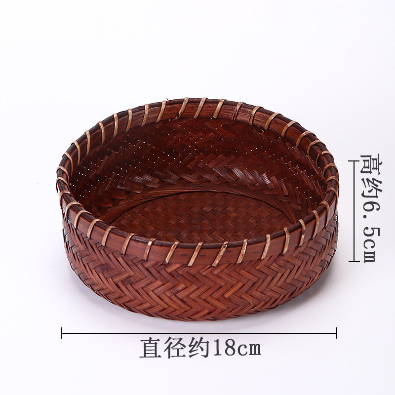 Vintage Round Bamboo Woven Serving Tray Fruit Basket Set