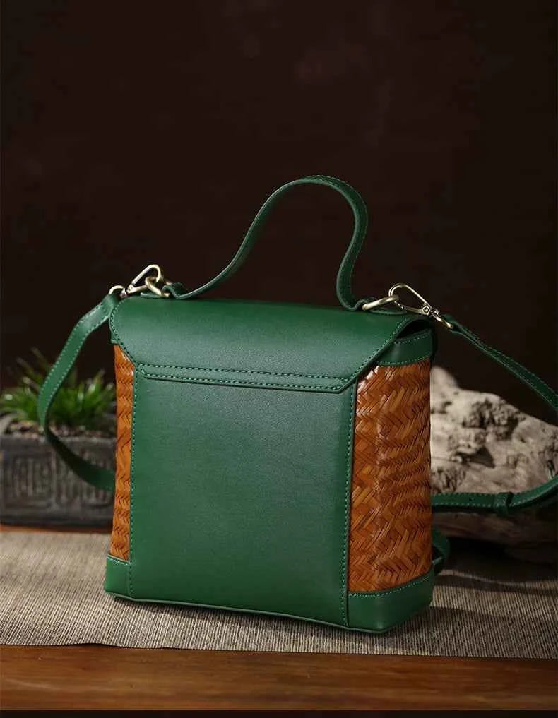 Forest Green Cowhide & Wave Woven Bamboo Satchel Bag