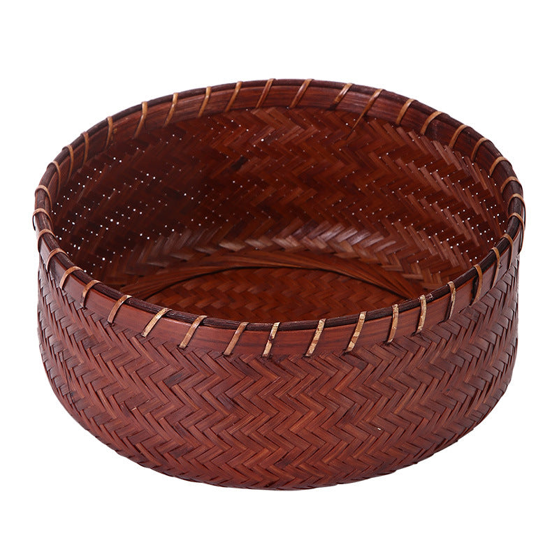 Vintage Round Bamboo Woven Serving Tray Fruit Basket Set
