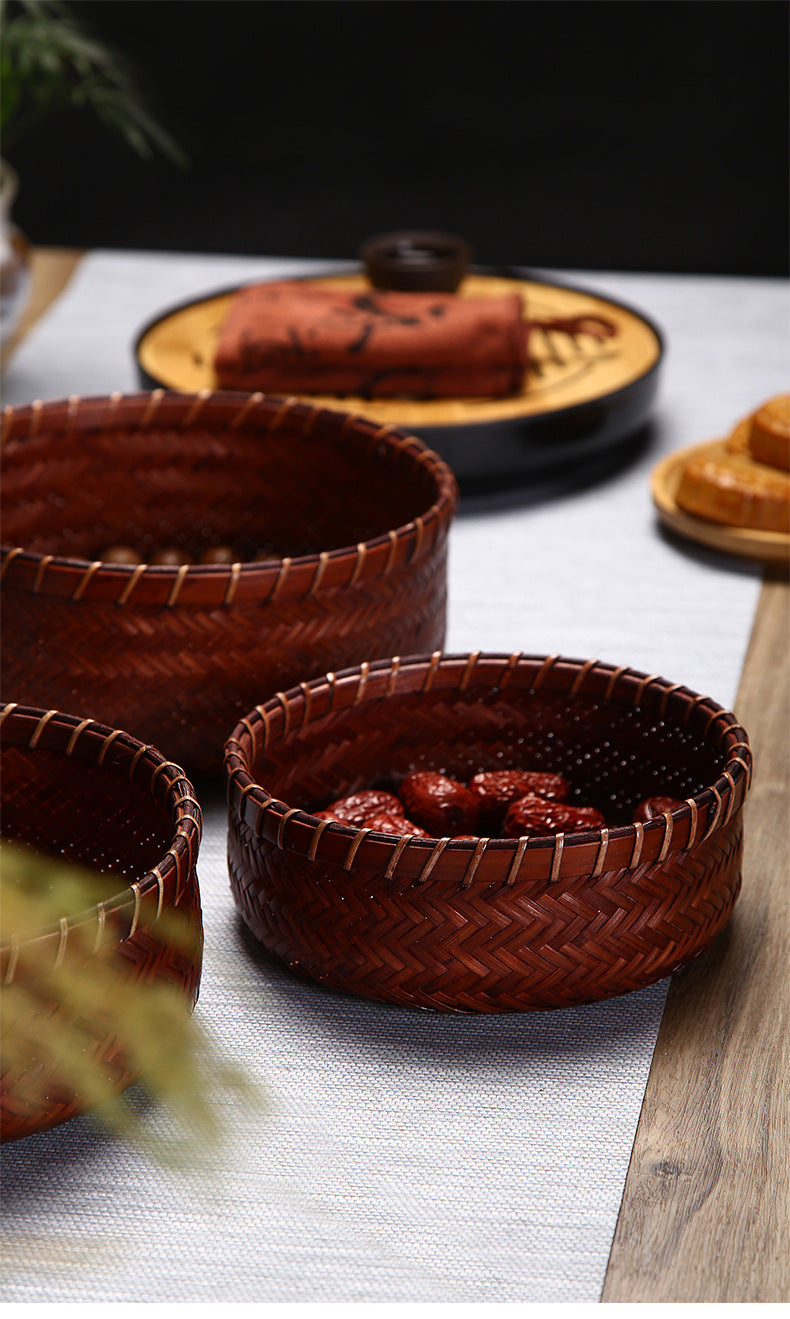 Vintage Round Bamboo Woven Serving Tray Fruit Basket Set