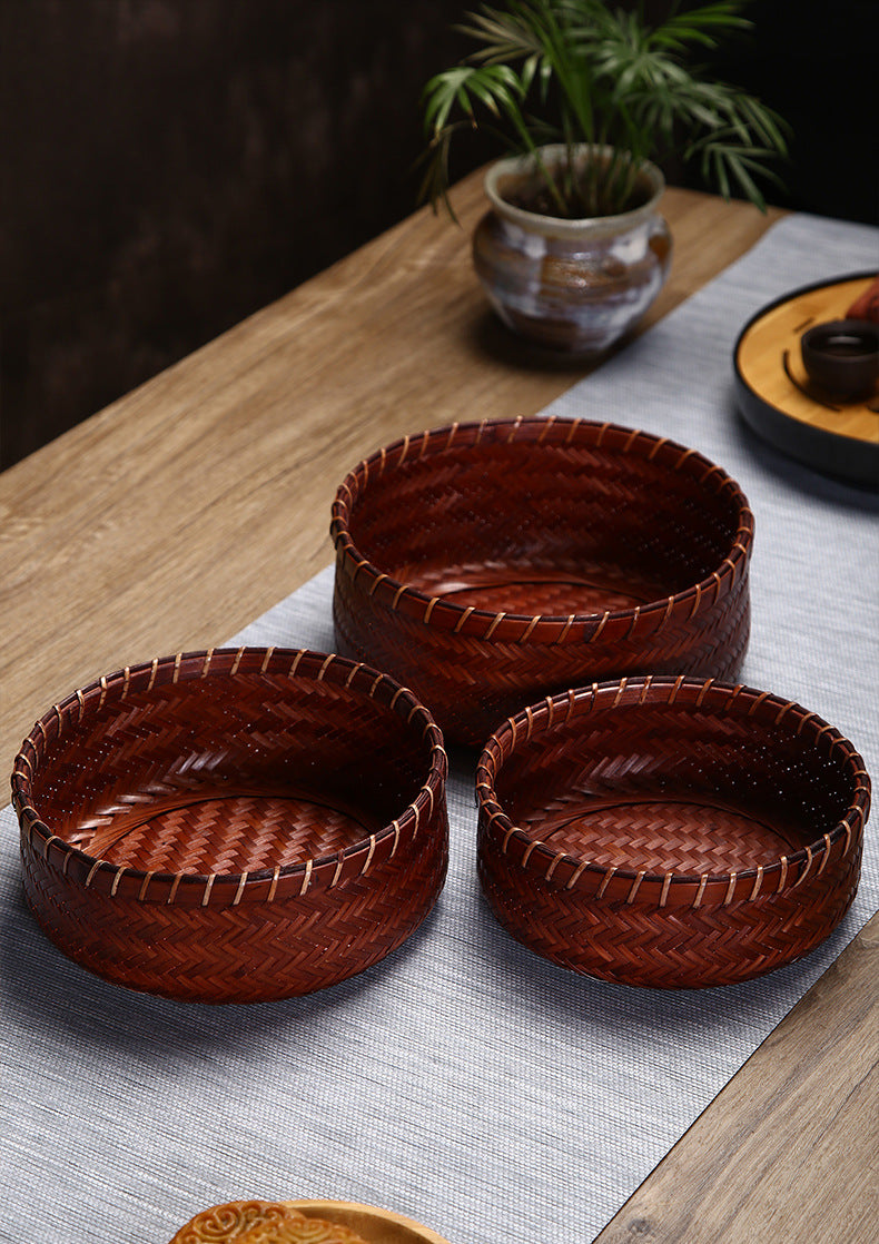 Vintage Round Bamboo Woven Serving Tray Fruit Basket Set