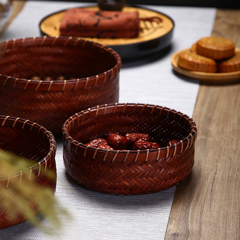 Vintage Round Bamboo Woven Serving Tray Fruit Basket Set