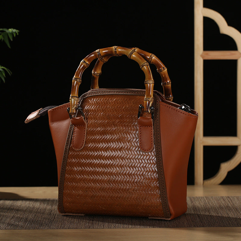 Vintage Bamboo Handwoven Leather Top-Handle Bag