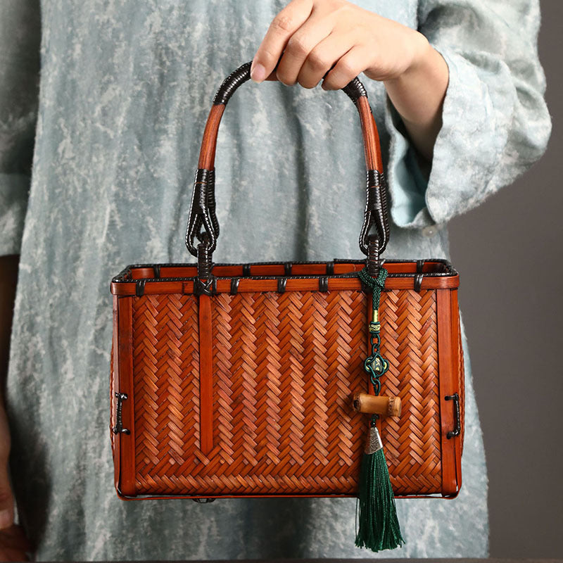 Eco-Weave Artisan Handbag Natural Bamboo Tote with Green Tassel