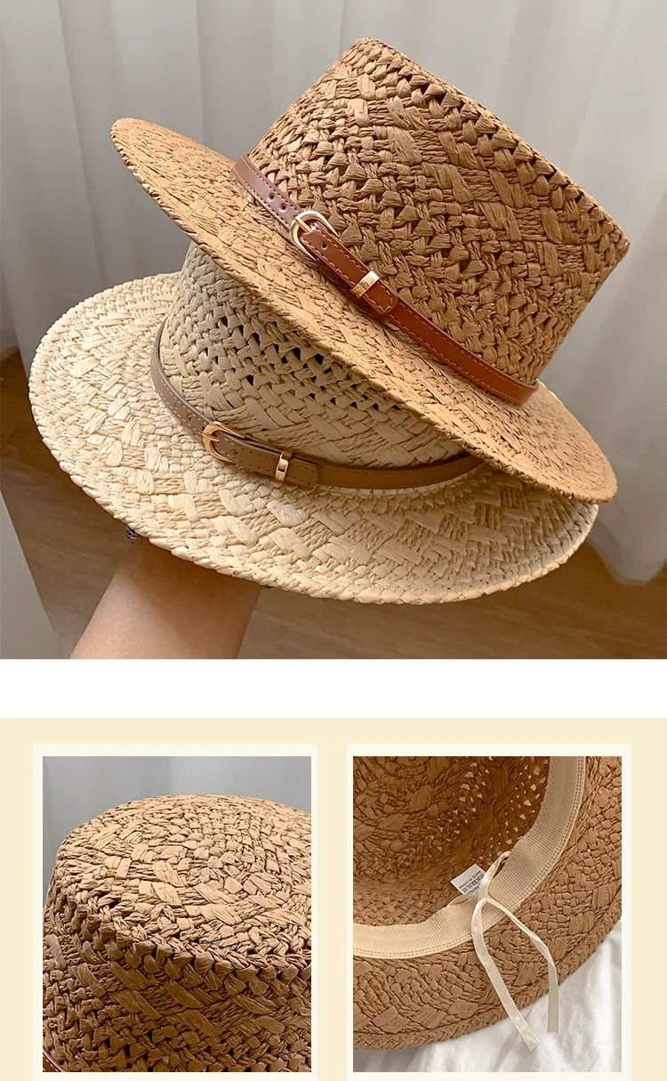 French Vintage Natural Seagrass Straw Hat with Leather Buckle Wide Brim Sun Protection for Women