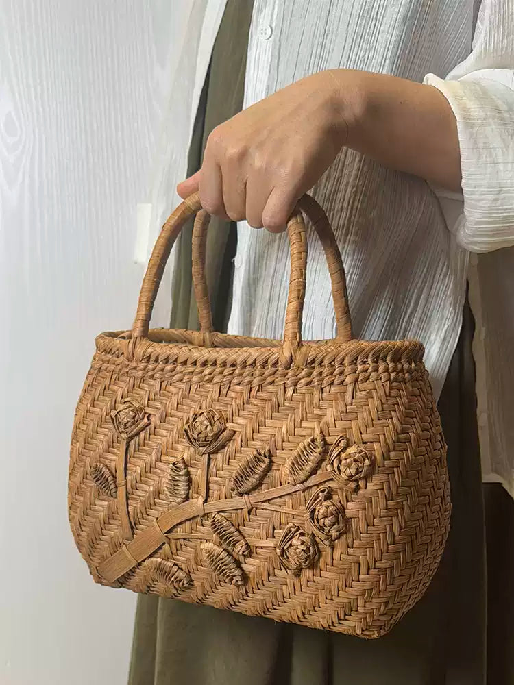 Handcrafted Artisanal Yamabudo Woven Basket Bag - Wild Grapevine 3D Floral Carving Vine Relief Tote - Verdant Bind