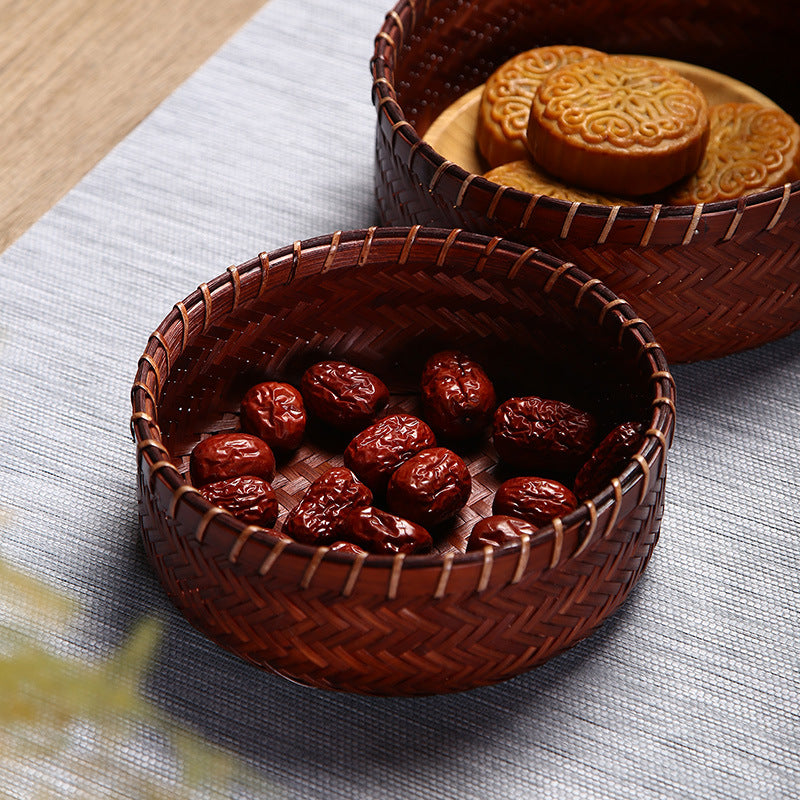 Vintage Round Bamboo Woven Serving Tray Fruit Basket Set