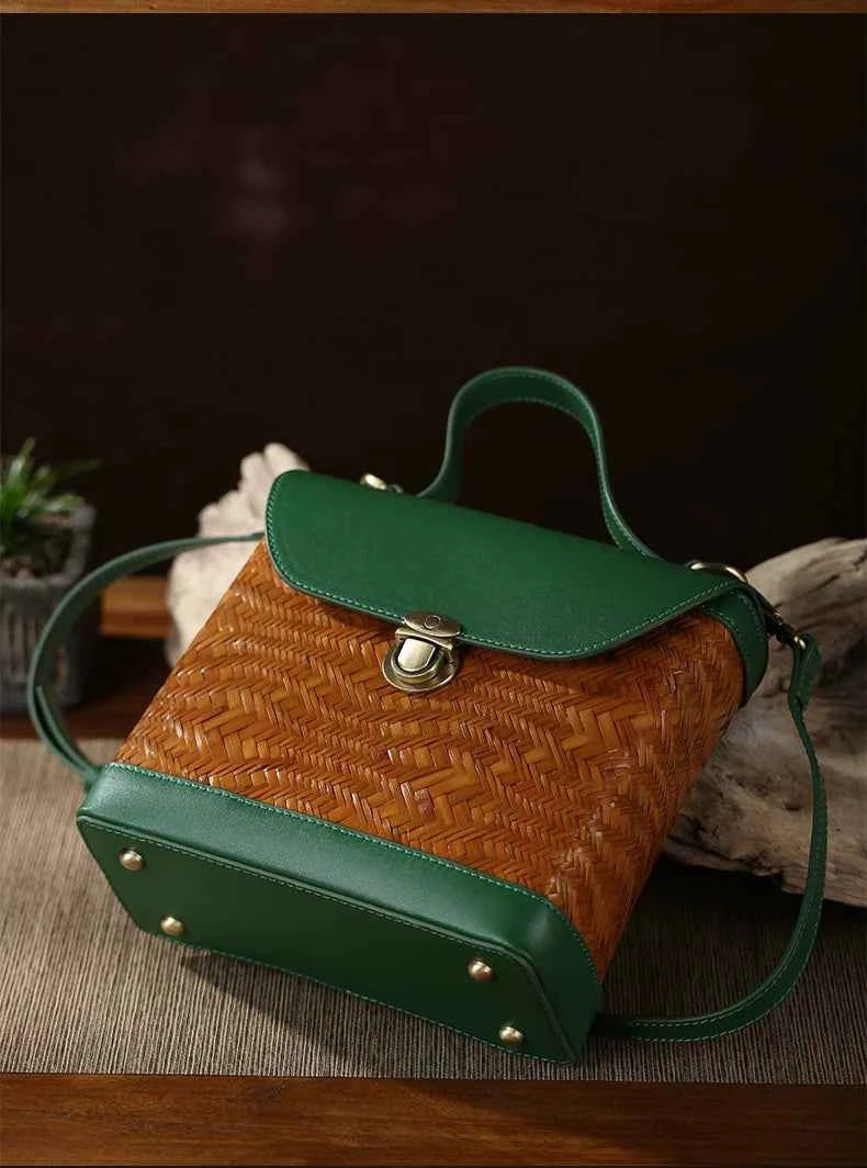 Forest Green Cowhide & Wave Woven Bamboo Satchel Bag