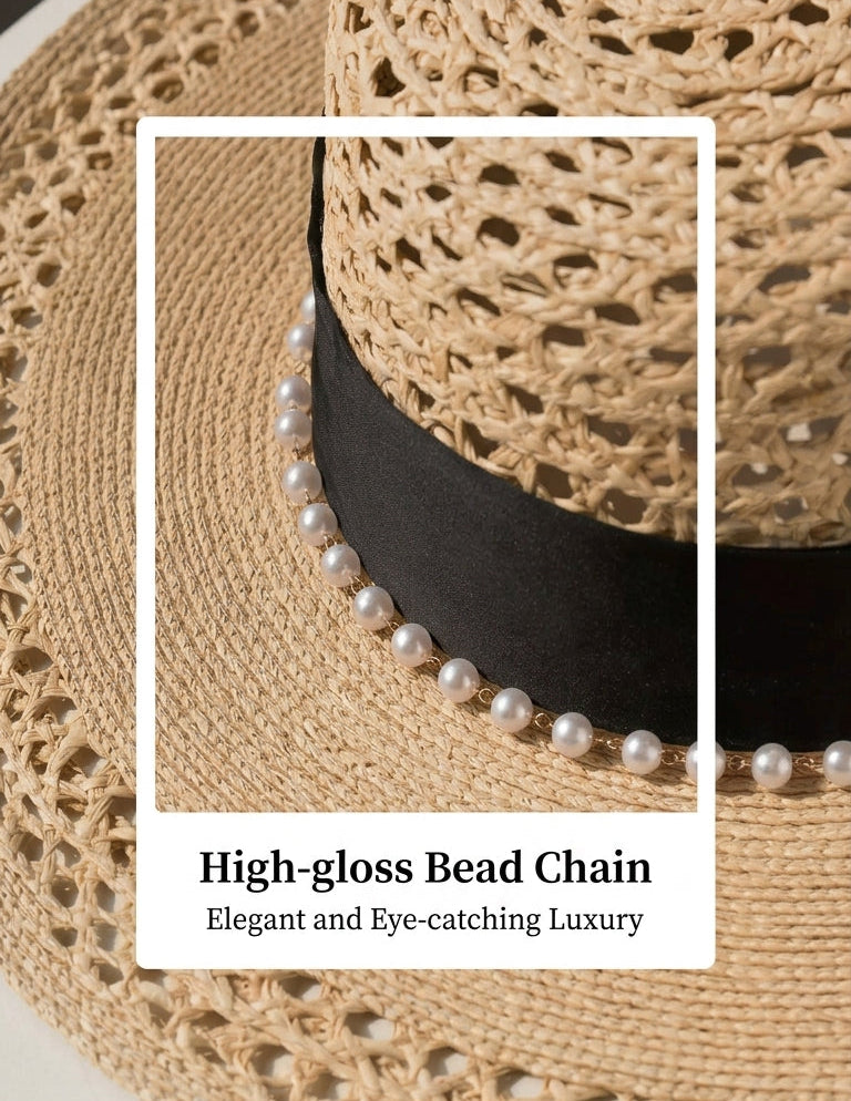 Beige straw hat with a high-gloss bead chain detail on a white background