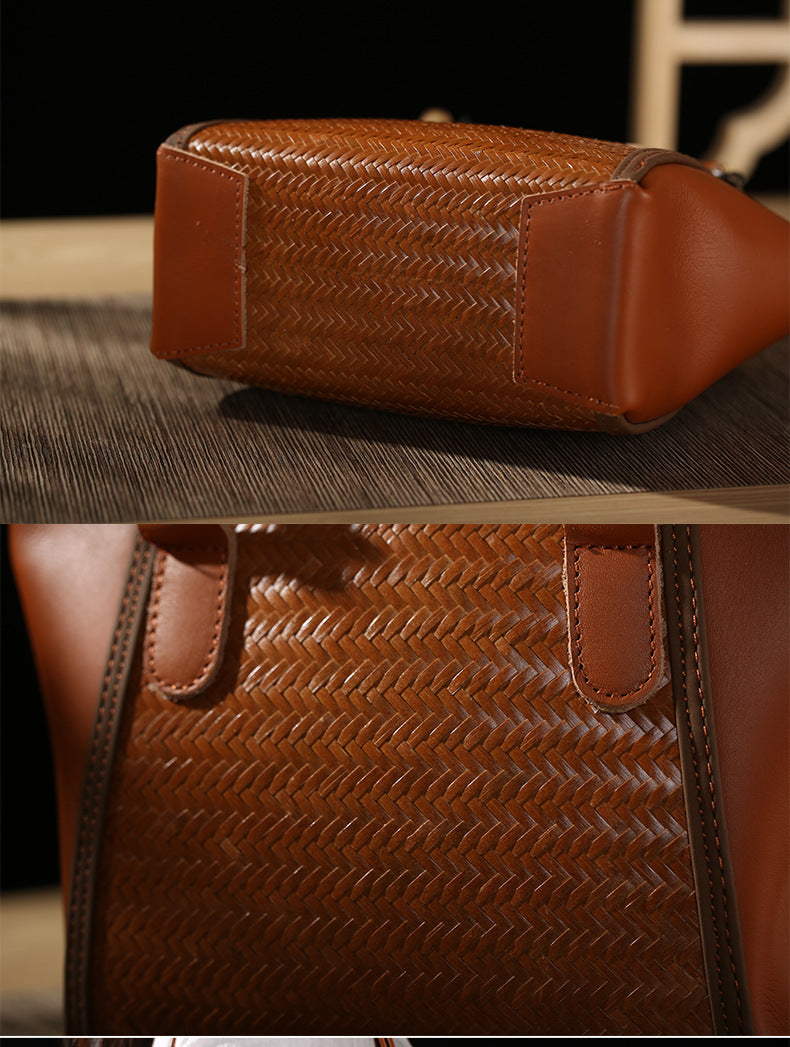 Vintage Bamboo Handwoven Leather Top-Handle Bag